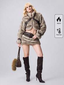 ROMWE EDITION Chaqueta corta de mujer de invierno con cuello alto, manga larga, diseño de botones de ojal y forro de piel sintética - Caqui - Ver 3