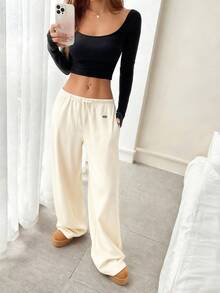 SHEIN EZwear 女士休闲杏色抽绳腰阔腿宽松裤，秋冬 - 杏色 - 查看 4