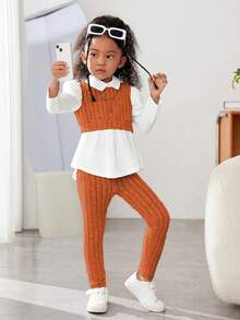 SHEIN Sparklyn 2pcs/Set Young Girls' Fashion Casual 2 In 1 Top & Pants Set - Rust Brown - View 6