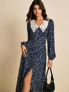 Poéselle 女式碎花刺绣镂空领长袖优雅连衣裙 - 藏蓝色 - 查看 5