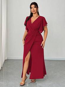 Elenzga Plus Size Spring/Summer Lightweight Formal Dress, Elegant Romantic V-Neck Ruffle Sleeve Fitted Mermaid Hem Cocktail Party Wedding Guest Dress, Red - Red - View 3