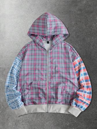 Street Life Sudadera con capucha con cremallera y parches de cuadros de contraste para hombre