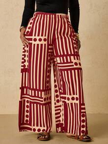 SHEIN VCAY Quần ống rộng họa tiết hình học màu đen và be cỡ lớn có túi dành cho nữ, phù hợp cho mùa hè và mùa thu - Màu Đỏ Sâu - Xem 3