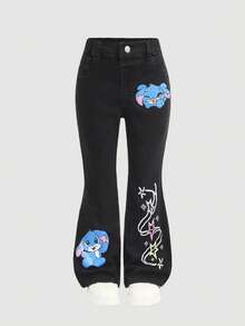 SHEIN Young Girl Y2k Cartoon Rabbit Print Black Stretch Flare Leg Jeans, Cute Print Jeans,Fall,Winter,Casual And Fashionable Vacation,Children's Party,Street Wear,2000s Style, Christmas - Black - View 3