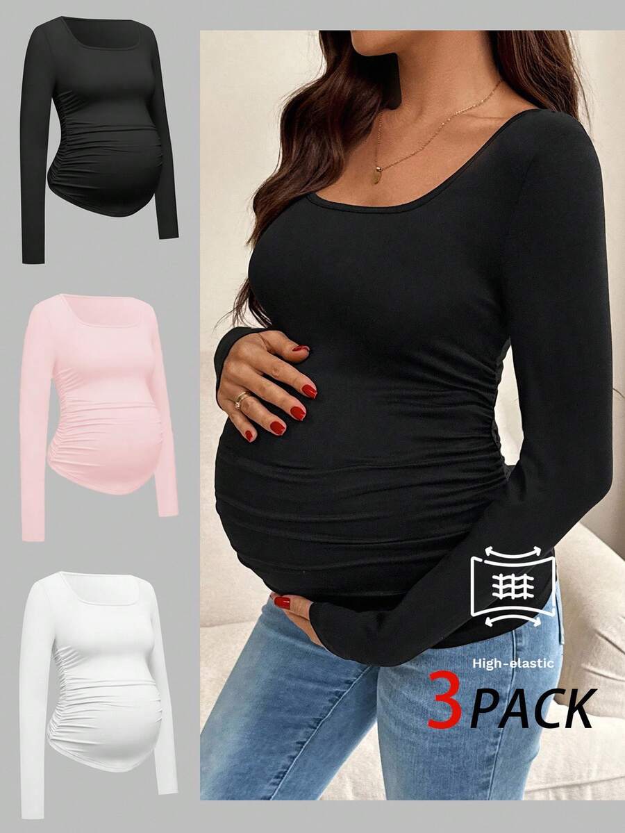 SHEIN 孕妇休闲纯色褶皱修身T恤，秋季孕妇装，孕妇上衣，孕妇衬衫，长袖孕妇上衣，女士孕妇上衣 - 淺粉色 - 查看 1
