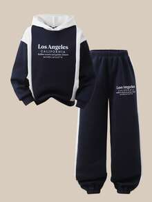 SHEIN Explorewe Boys' Minimalist Print Contrast Color Sweatshirt And Pants Set - Blue and White - View 3