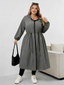 SHEIN CURVE+ Women's Solid Drawstring Hooded Waterproof Long Sleeve Trench Coat Plus Size Hooded Jacket Plus Size Raincoat Curve Fall Jacket 8xl Women Clothes Plus Size Olive Green Jacketfall Clothes For Women,Winter,CURVE PLUS Autumn/Autumn /Winter
