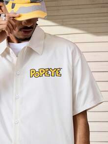 Popeye X SHEIN Áo sơ mi nam tay ngắn họa tiết chữ và hình hoạt hình - Màu be - Xem 3