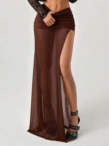 SHEIN ICON 女式高开叉黑色网眼褶饰腰性感度假金属装饰半身裙