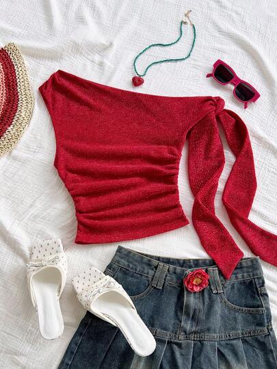 Soleia Vacation Sexy Asymmetric-Shoulder Tie Strap Flowy Fitted Light Yellow Women's Top, Suitable For Party, Vacation, Music Festival, Bohemian, Holiday Date, Afternoon Tea, Glitter Top, Red Top, New Year Women , Christmas Clothes,Party Dress