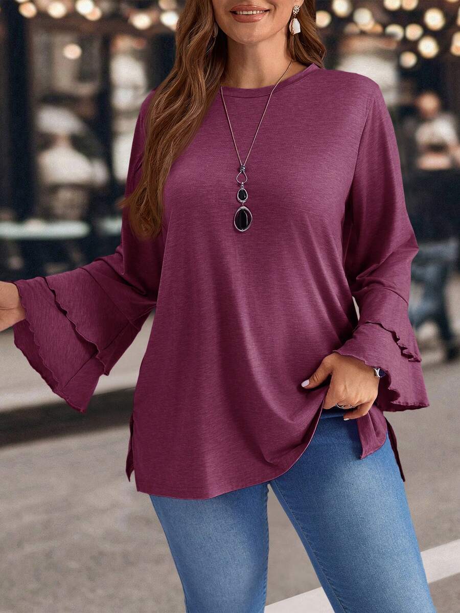 EMERY ROSE T-shirt casual à manches évasées et fente latérale violet pour femmes grandes tailles - Prune - Voir 1