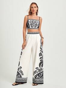 CAJUNI 女士休闲度假印花露背系带短款吊带背心和阔腿裤套装，女士两件套夏季服装，波西米亚风两件套，节日两件套，女士两件套夏季服装，节日两件套，波西米亚风两件套 - 黑與白 - 查看 5