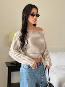 SHEIN PETITE 新款时尚不对称肩部休闲条纹长袖T恤，不对称肩部设计，上衣宽松，下装紧身，显瘦，杏色，秋季 - 杏色 - 查看 6