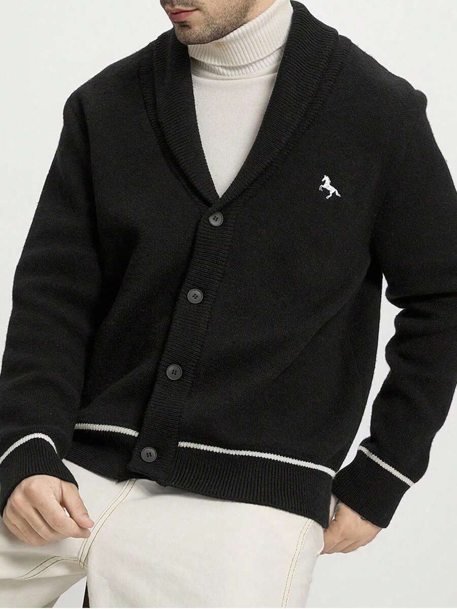 Manfinity Homme 男士秋冬刺绣马图案单排扣休闲针织长袖开衫 - 黑色 - 查看 1
