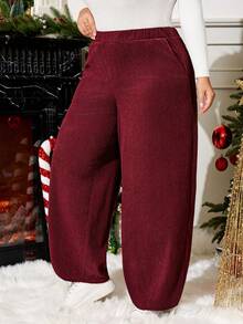 Enliva Plus Size Women's Red Corduroy Pants, With Pockets And Elastic Waist, Autumn/Winter, Compatible With Apple Rounded Body Shape, Valentine's Day, Love, Gift, Romance, Happy Valentine's Day,2026,New Year - Burgundy - View 2