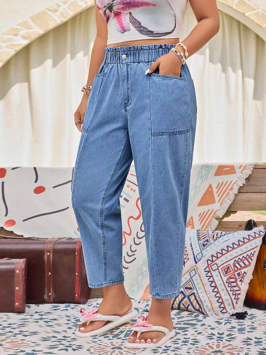 SHEIN LUNE Plus Size Fashion Casual Washed Elastic Waist Cropped Pants - Light Wash - View 1