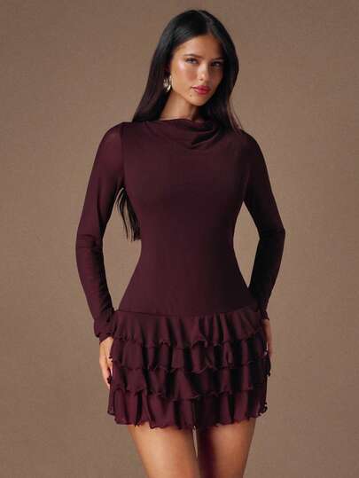 BAE Bordeaux Elegante Bodycon Mini Dress Layered Ruffle Hem, Date Night, Clubbing, Birthday Cocktail view 6