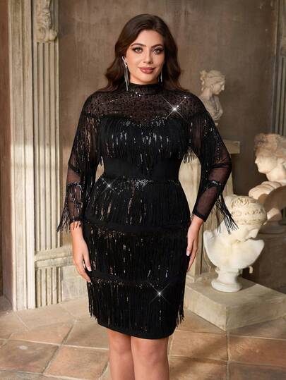 Aureia Abito mini aderente con colletto alto, maniche lunghe, frange e paillettes nere, elegante e di lusso, adatto per serate, appuntamenti, balli, matrimoni, cocktail, taglie comode