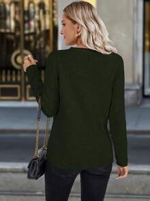 Chiquease Áo len nữ cổ tròn tay dài cài hai hàng khuy trơn màu, thường ngày, thu/đông - màu xanh lá - Xem 2
