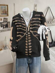 INAWLY Women's Casual Skull Print Zip-Up Drawstring Hooded Sweatshirt, Autumn - Black - View 1