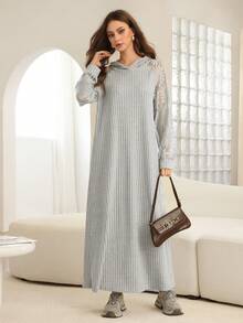 Mulvari Women's Lace Patchwork Knitted Long Sleeve Flared Hem Arabic Style Dress, Autumn/Winter - Grey - View 6
