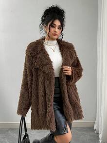 SHEIN Plus Size Women Faux Fur Coat - Coffee Brown - View 3