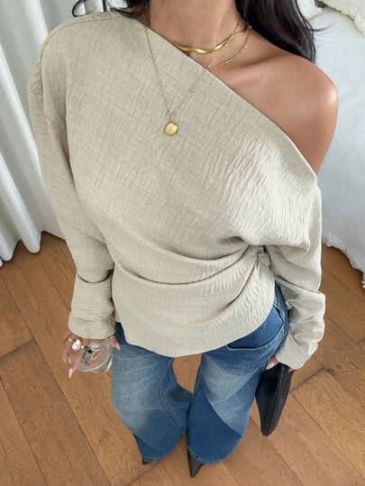 Siren Gaze 女式纯色褶饰不对称肩长袖衬衫