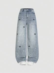 Sparklyn Teen Girls' New Fashion Snowflake Washed Distressed Embroidered Wide-Leg Jeans - Light Wash - View 6