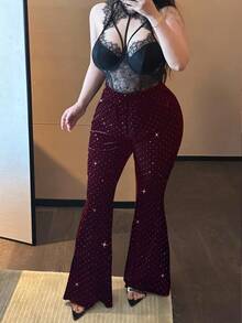 Flirla Plus Size Black Rhinestone Embellished Slim Fit Flare Pants - Burgundy - View 5
