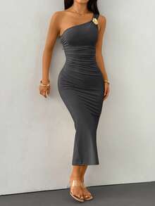 SHEIN PETITE Gold Color Brooch Decor Asymmetric Neck Ruched Fishtail Skirt - Grey - View 8