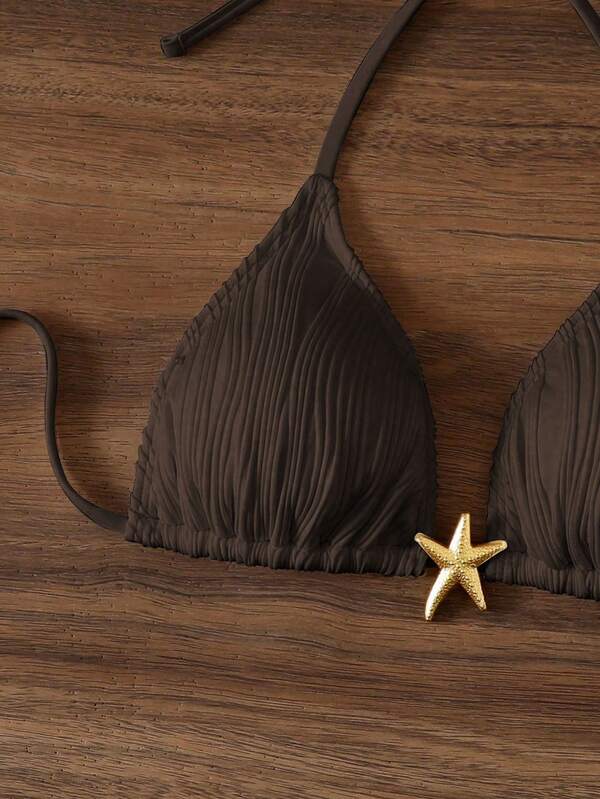 Swim Mod Top de traje de baño de una pieza con cuello halter, espalda descubierta y lazo trasero, para vacaciones en la playa, unicolorido para mujer