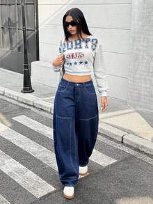 Jeanoix 女士时尚休闲百搭Y2K阔腿喇叭牛仔裤 - 深色水洗藍 - 查看 6