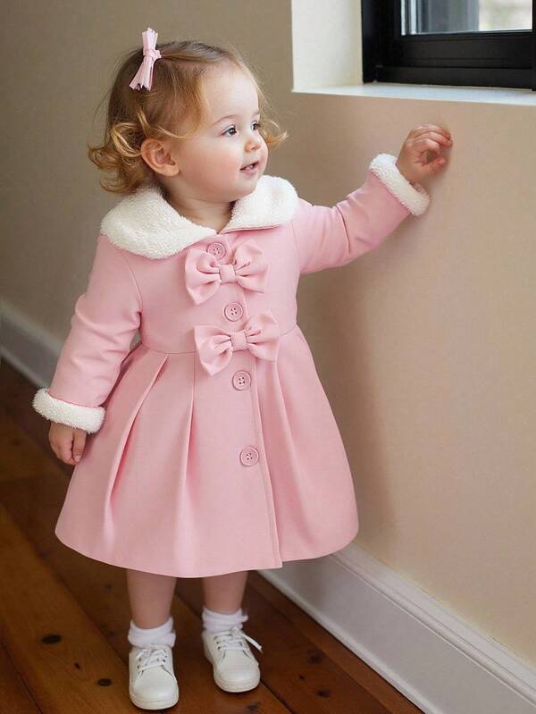 SHEIN Baby Girl Furry Collar Bow Decor Trench Coat, Autumn/Winter Fall