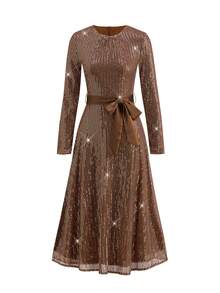 Ellevyn 女式亮片腰带优雅长袖连衣裙 - Orange Ignite - 查看 2