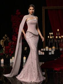 Glamrae Elegant Luxurious Diamond Pearl Sequin Floral Mesh Patchwork Stretch Knit Mermaid Skirt With Hanging Chiffon Flounce, Suitable For Wedding, Party, Prom, Vacation, Ball Gown - Dusty Pink - View 7