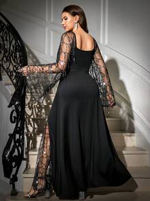 Gownix 大码女士优雅派对连衣裙，甜心领口透视网纱亮片流苏喇叭袖褶皱腰身连衣裙 - 黑色 - 查看 5