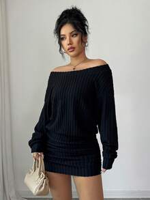 SHEIN PETITE PETITE Women Casual Versatile Off Shoulder Ribbed Long Sleeve Short Bodycon Dress, Suitable For Autumn/Winter, Thanksgiving, New Year - Black - View 5