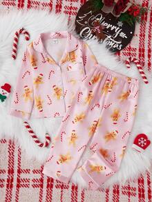 2 件套女童圣诞姜饼印花长袖开衫和裤子舒适休闲家居服套装 - 粉色 - 查看 5