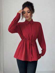 Elenzga Áo sơ mi công sở kiểu Pháp thanh lịch dành cho nữ, có cổ áo sơ mi, vạt trước, thắt nơ eo, tay dài, phù hợp cho mùa xuân, thu và đông - Màu Đỏ Sâu - Xem 3