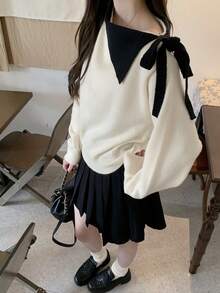 DAZY Áo len dệt kim chắp vá màu tương phản thời trang & thanh lịch dành cho nữ, phong cách thường ngày, mùa thu/đông - trắng - Xem 3