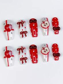 ROMWE Anime 10 piezas de pegatinas de arte de uñas con corazones, estrellas, lazos y alas en estilo Y2K con cinta - Rojo - Ver 2