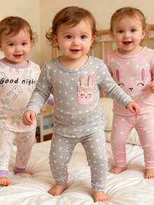 6pcs/Set Baby Girls' Soft & Comfortable Pajama Set, Pink Polka Dot Rabbit Embroidery, Rabbit Ear Decor, Playful & Cute Rabbit Print Home Outfit - Multicolor - View 8