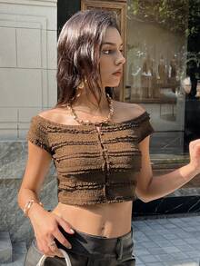 Zielony 时尚性感露肩短款女式上衣 - 棕色 - 查看 5
