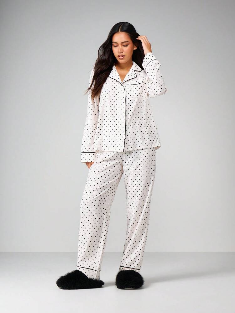 MISSGUIDED Women's Polka Dot Pajama Set Long Sleeve Button Up Sleepwear Lounge Set