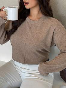 Dazy Plus Plus Size Women Solid Color Round Neck Casual Fitted Versatile Base Layer Long Sleeve T-Shirt - Khaki - View 7