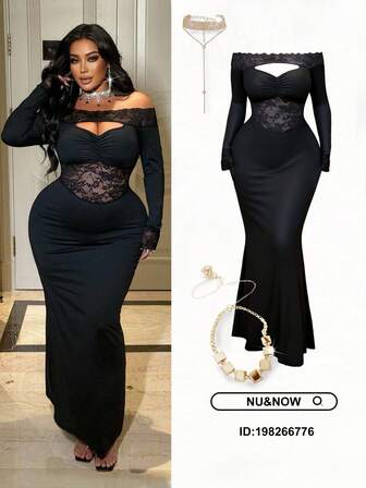 NU&NOW 大码女士性感镂空蕾丝低胸褶皱修身鱼尾派对长裙，长袖黑色露肩