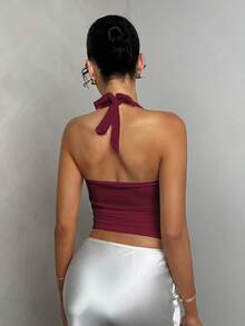 Glamine Sexy Reddish Brown Color Halter Neck Backless Ruched Sleeveless Tank Top,Women Birthday Tank Top,Basic Tank Top,Going Out Tank Top,Party Must Have,Christmas Tank Top,Elevated Eance Tank Top,Streetwear,New Year Top,Valentine Top,Spring Top - Redwood - View 2