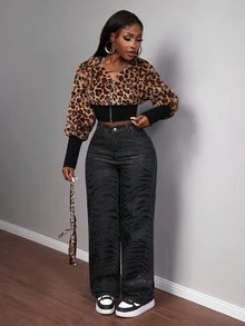 Slaydiva Blugi sport pentru femei, cu talie înaltă, imprimeu zebră, buzunare, picior larg, lejer