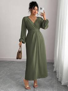 Elenzga 大码女式休闲优雅纯色荷叶边下摆松紧腰长袖超长连衣裙，适合工作、度假、春/秋/冬 - 軍綠色 - 查看 5