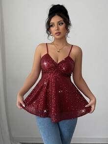 Rafferiza Fashionable Commuter Sexy Solid Color Beaded Camisole - Burgundy - View 3